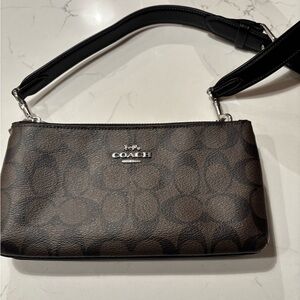 Coach Brown and Black Shoulder Bag with Monogram Pattern